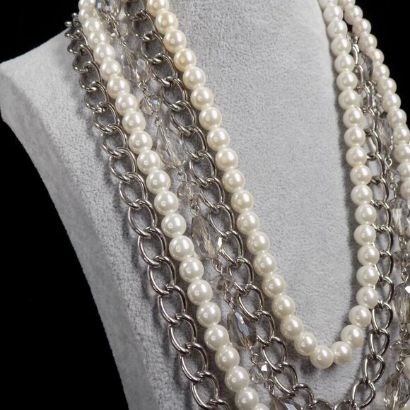 Vintage Premier Designs Faux Pearl Multi Layer Necklace Silver Tone Magnetic - Picture 6 of 10
